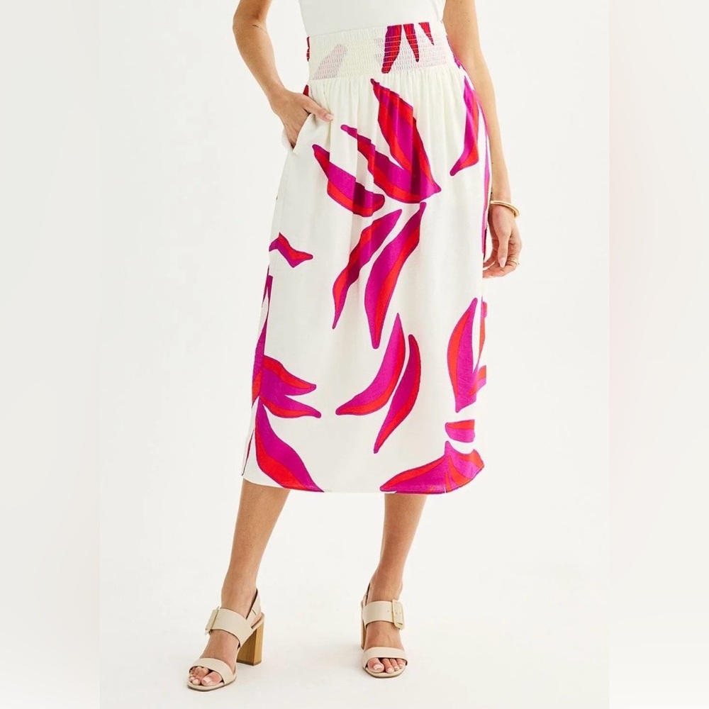 Nine West Smocked Waist in Coral-Pink Violet & White Maxi-Skirt Fully Lined